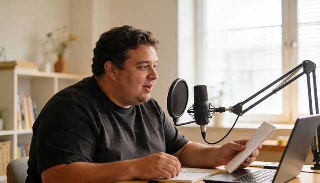 Male podcaster recording from home studio with condenser microphone and laptop