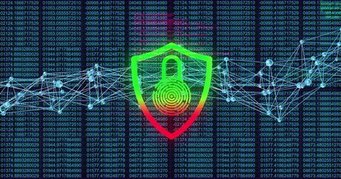 Neon Cybersecurity Shield with Padlock and Fingerprint over Streaming Matrix Code and Network Nodes