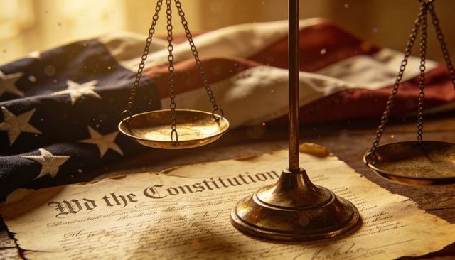 Brass scales over aged constitution with folded american flag evoking justice and heritage
