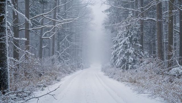 Snow-covered lane leading into misty pine forest, parallel tire tracks, tranquil winter