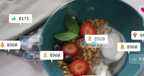 Social media engagement overlay on healthy berry granola breakfast