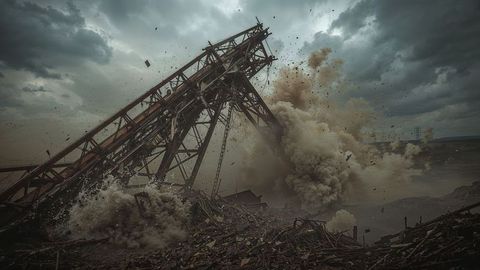 Massive metal structure amidst demolition with dust clouds and debris