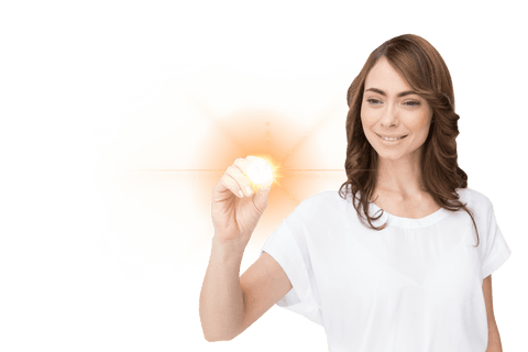 Caucasian Woman Touching Yellow Light on Transparent Background