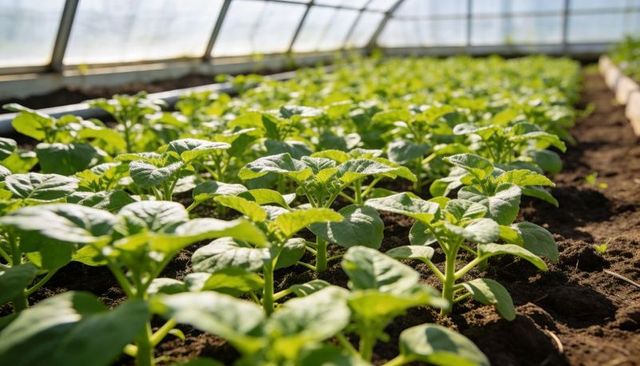 Greenhouse seedlings growing in neat rows on rich soil under translucent roof panels