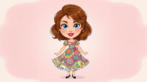 Charming beautiful lady cartoon girl in floral dress on pink background