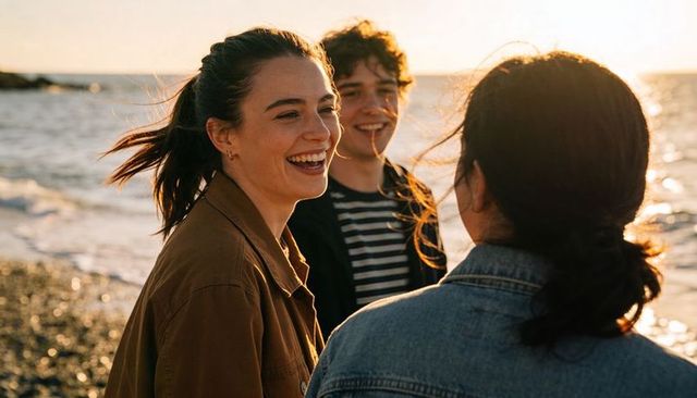 Friends laughing and talking on pebble beach at sunset, golden hour coastal lifestyle