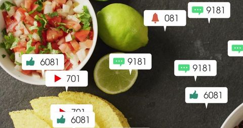 Pico de gallo with lime and tortilla chips featuring social media notification overlays