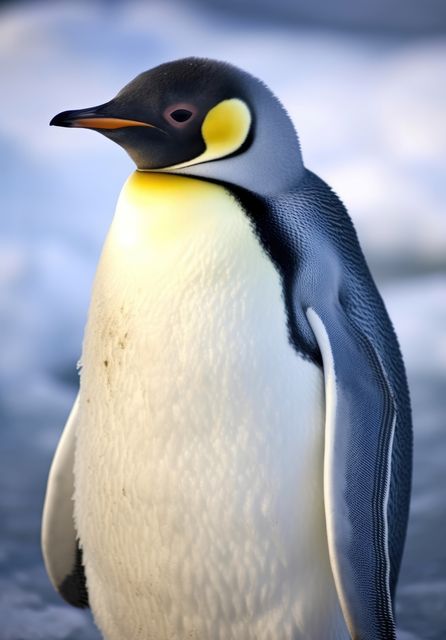 Close up of emperor penguin standing in snow, created using generative ai technology. Nature, animal and wildlife concept digitally generated image.