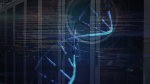 DNA Strand Overlaid on Digital Data and Servers