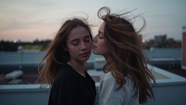 Rooftop dusk romance: intimate whispering couple with wind-tossed hair, pastel sunset