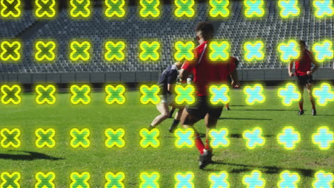 Rugby Players Practicing with Digital Overlay at Stadium