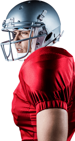 Transparent side view of focused american football player in red jersey