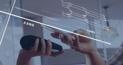 Hands Aligning Smartphone and Scanner on Glass Interface with Digital Code Overlay