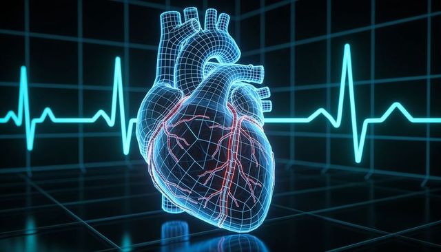 Glowing 3d digital wireframe heart floating over ecg grid highlighting coronary vessels