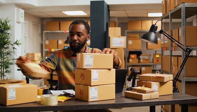 Black Warehouse Worker Packing and Labeling Parcels for Small Business Fulfillment