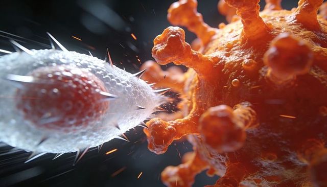 Neutrophil colliding with virus particle showing filopodia contact and vesicle glow