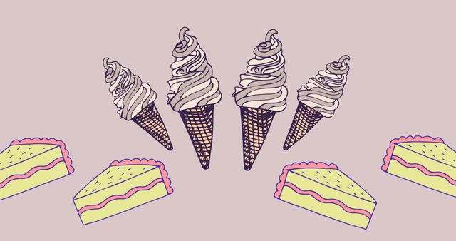 Illustration of ice-cream cones with cake slices on purple background. Computer graphic, vector, food and drink, unhealthy eating, dessert, sweet food, junk food.