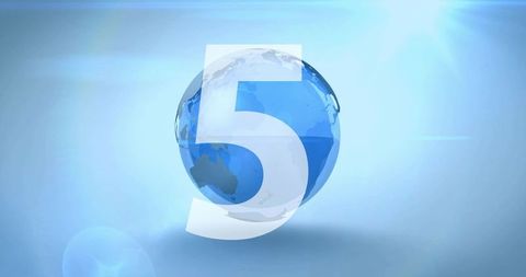 Displaying floating blue globe overlaid by translucent number 5 with broadcast lens flare
