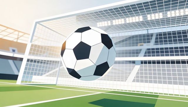 Flying soccer ball scoring goal at modern stadium with sunlit turf and floodlights