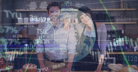 Entrepreneur Couple in Bakery with Binary World Overlays