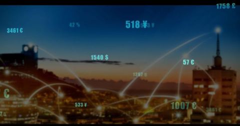Futuristic skyline with digital currency network at dusk