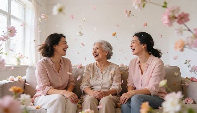 Three generations laughing on sofa with pastel flower petals falling in celebration