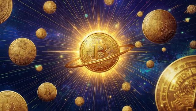 Radiating Bitcoin Coin Orbiting Cosmic Nebula with Golden Ring and Circuitry Burst