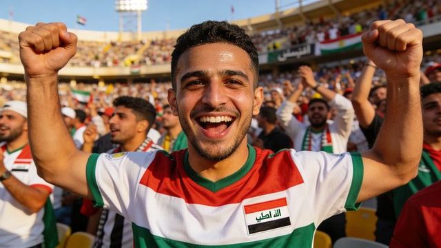 Iraqi football fan celebrating victory in packed stadium, arms raised with pride and unity