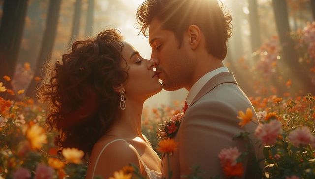 Romantic Couple Kissing in Sunlit Forest with Blossoms and Elegance
