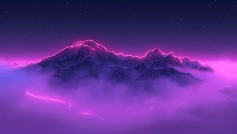 Glowing neon-rimmed mountains rising above violet-pink fog under starry night, dreamlike
