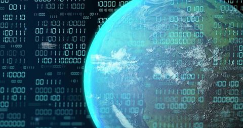 Global Data Network Visualizing Earth with Binary Code Overlay and Futuristic HUD