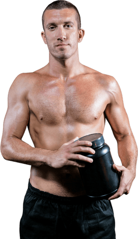 transparent muscular man holding dietary supplement container - Download Free Stock Videos Pikwizard.com