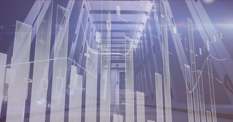 Digital interface overlay with server room and data visualization