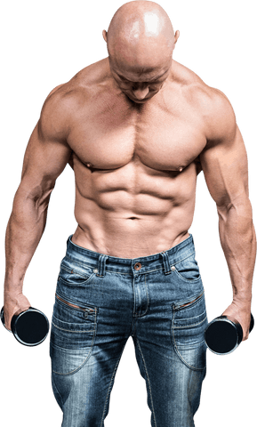 Muscular bald man holding dumbbells with transparent background