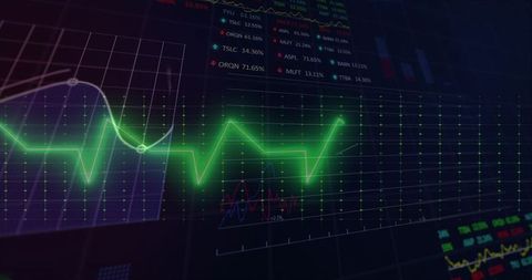 Pulsing Neon Green Waveform Crossing Digital Trading Dashboard with Glowing Financial Grid