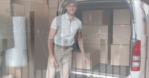 Smiling Deliveryman Loading Van with Boxes and Digital Graph Overlay - Download Free Stock Images Pikwizard.com