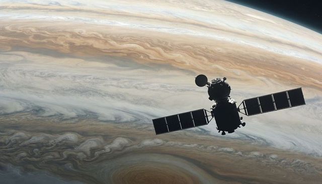 Orbiting probe silhouette hovering over swirling gas giant storms with solar panels