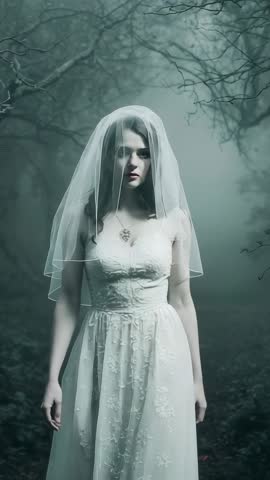 Fog Unveiling Bride Walking Through Misty Forest Path in Ethereal Lace Gown