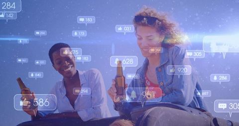 Sunlit friends enjoying beer with social media engagement overlays on sunny outdoor meetup