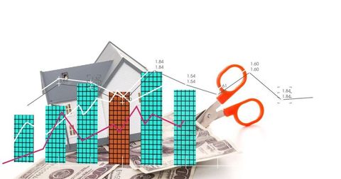 Scissors cutting costs over real estate bar chart showing investment trends and cash flow