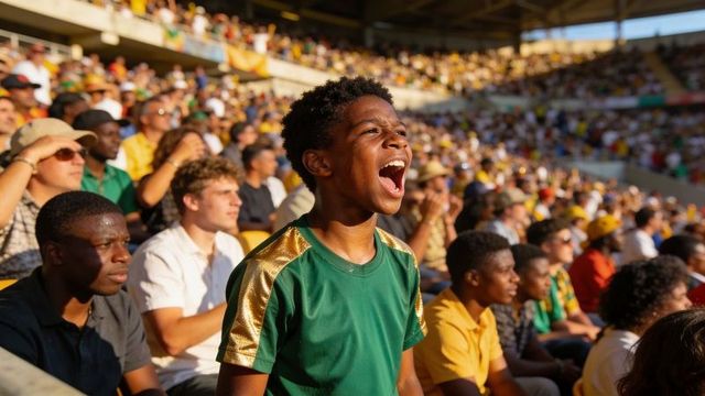 Teen fan cheering loudly in sunlit stadium wearing green gold jersey, vibrant crowd