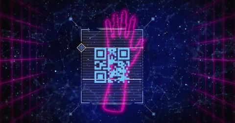 Futuristic Neon Hand and QR Code Interface in Digital Gridscape