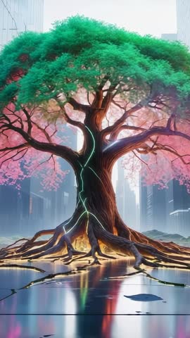 Vertical video of glowing urban tree channeling energy through roots in futuristic plaza