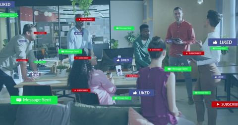 Presenting leader using tablet with social notifications overlay in modern office collaboration