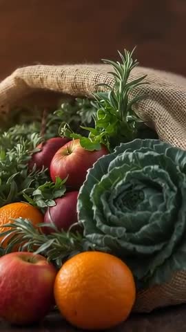 Vertical video panning upward revealing rosemary sprig in burlap sack with apples, oranges, kale