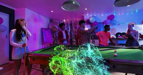Late-night neon pool party with friends in rec room, glowing green splash