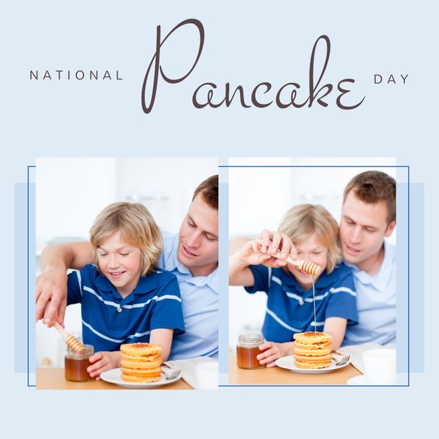 Collage of caucasian father with son pouring honey on pancakes at home and national pancake day text. Composite, family, togetherness, breakfast, childhood, food, support, charity and celebration.