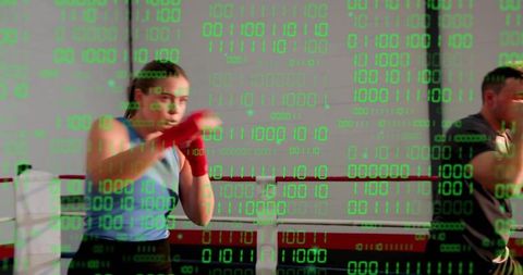 Woman boxer sparring in ring with binary code overlay representing data-driven training