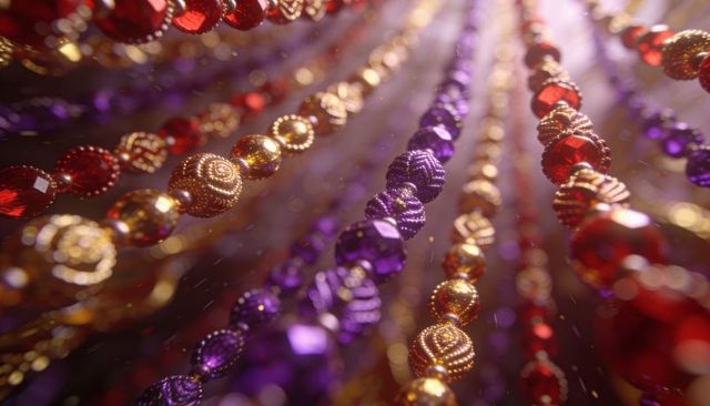 Glinting red purple gold bead strands catching warm light with glitter dust closeup