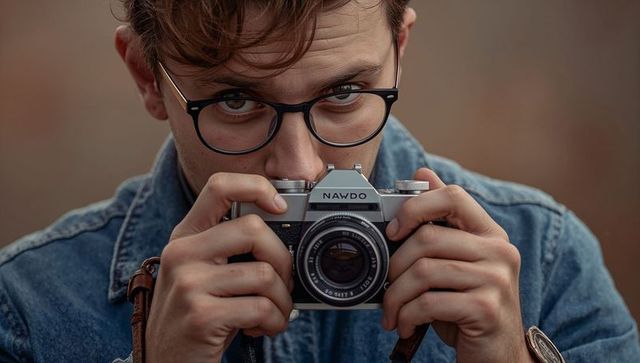 Photographer in Denim Jacket Capturing Film Photography Essence with Vintage Camera